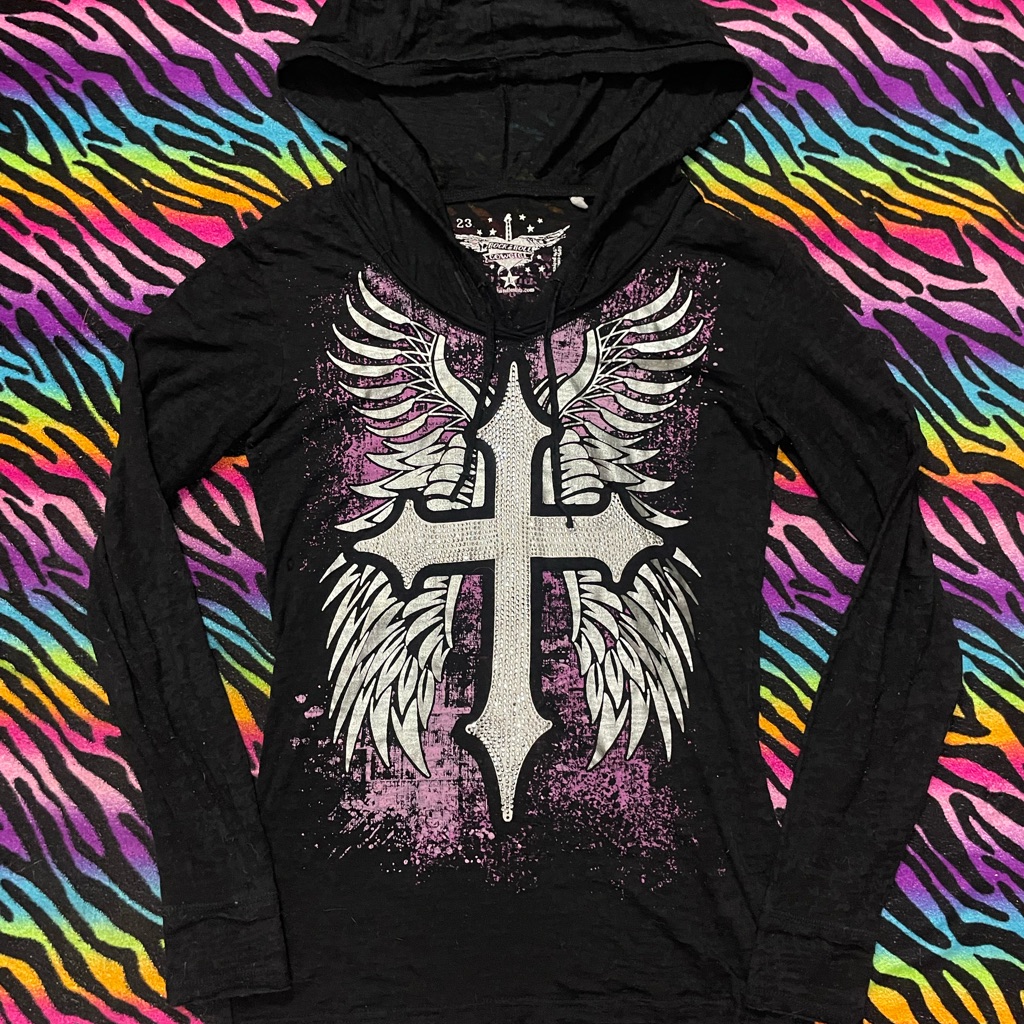 Rock & Roll Cowgirl Black Long Sleeve Hoodie With White Cross & Pink Accent
